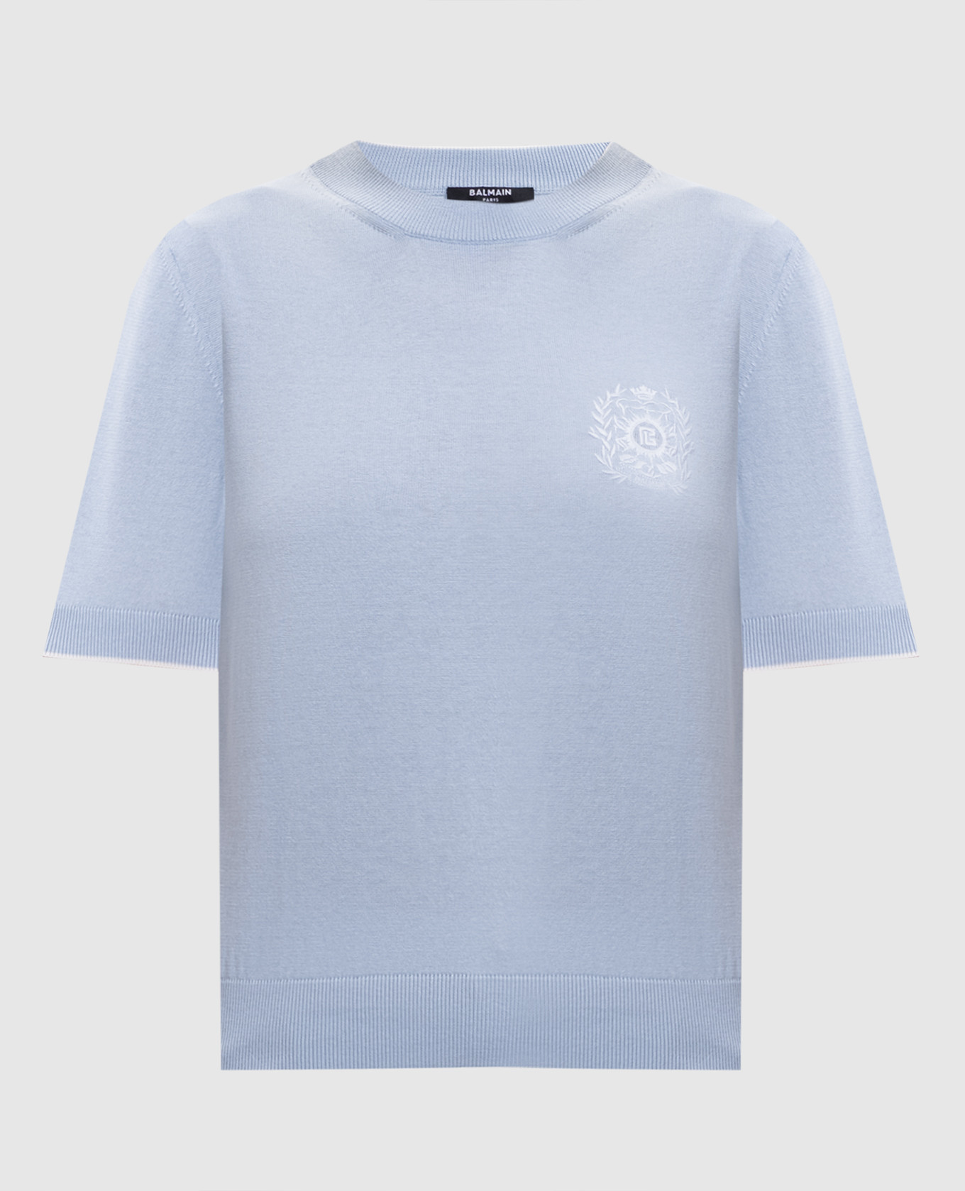 

Blue silk top with embroidered emblem Balmain, Light blue