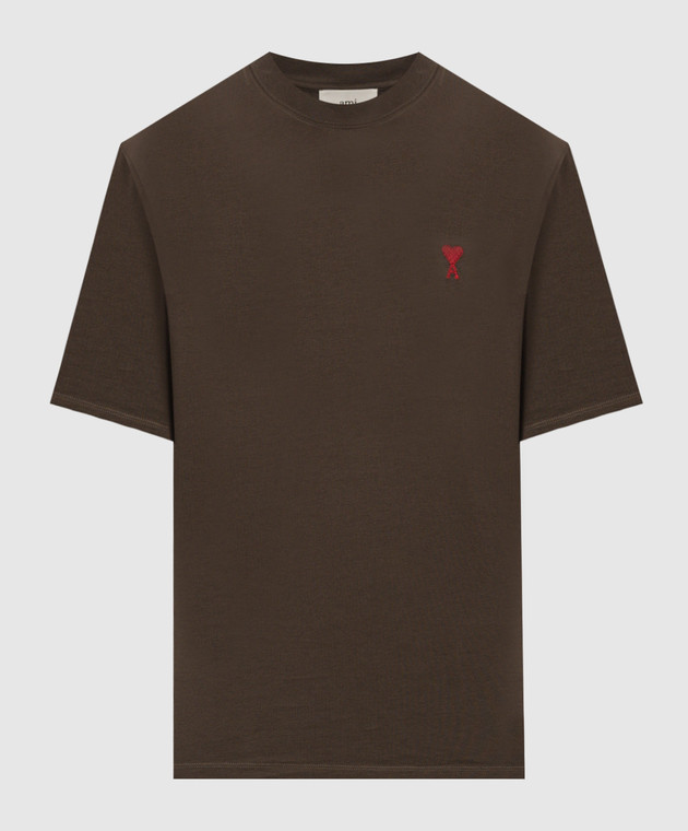 Ami Paris - Brązowy T-shirt z haftem Ami de Coeur UTS035724