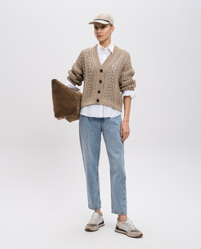 Brunello Cucinelli Blue mom jeans with leather logo patch MA095P5319