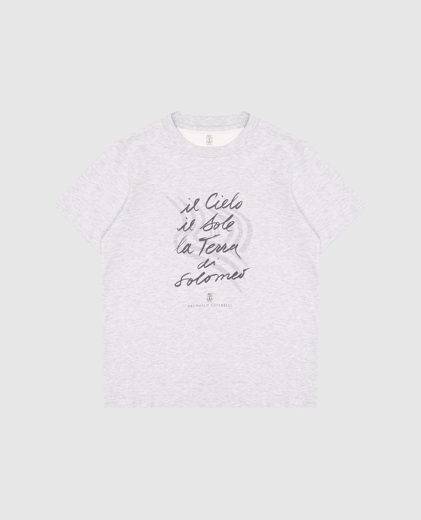 

Children's gray melange T-shirt with a print of the inscription Brunello Cucinelli, Grey