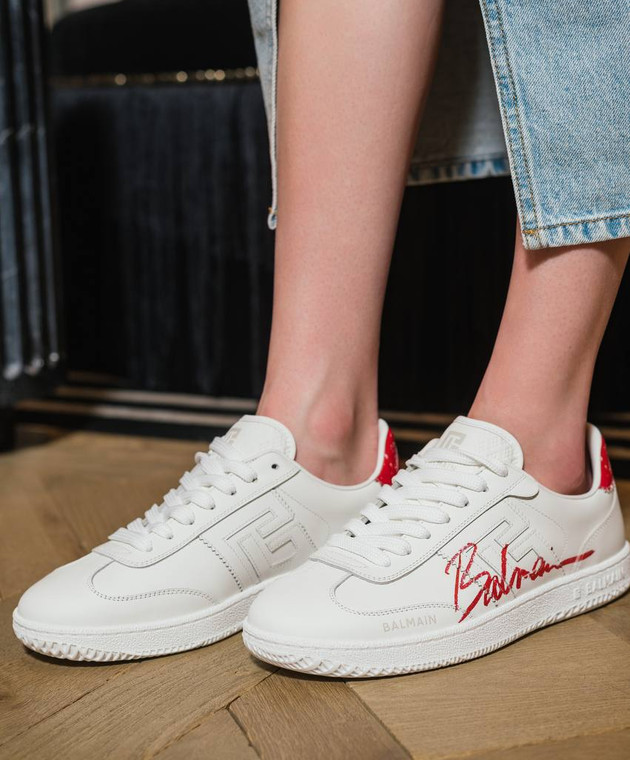 スニーカー Balmain Swan Sneakers - Balmain - Leather - White/Red Leather Balmain Swan Lipstick trainers red red - Women | BALMAIN