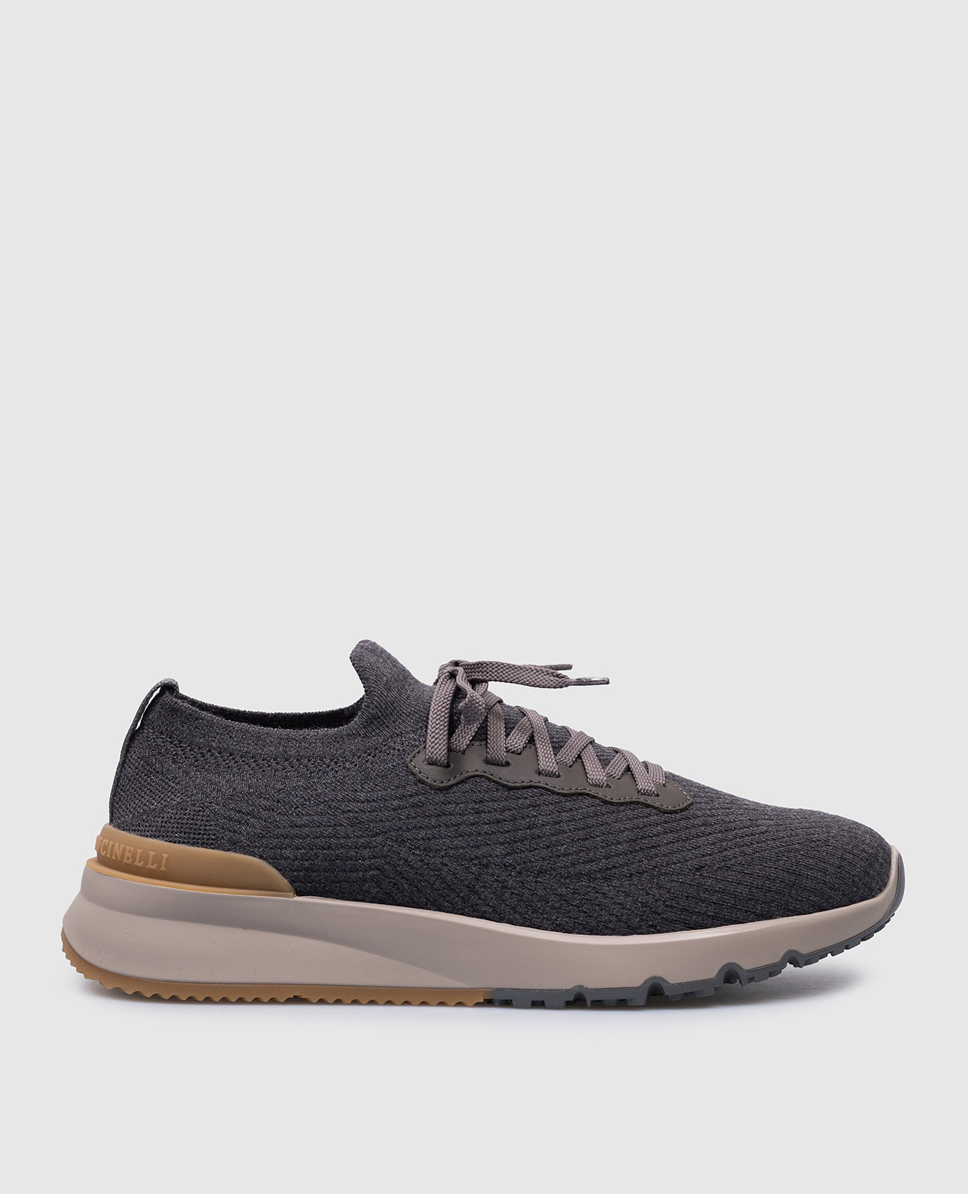 Gray wool sneakers with leather inserts with a textured logo brunello cucinelli