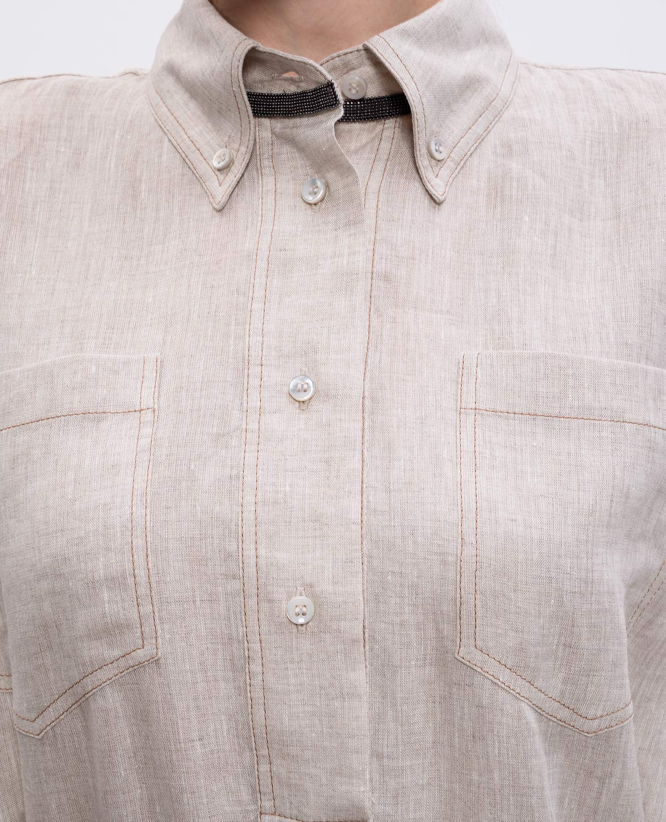 Beige linen maxi dress with monil chain Brunello Cucinelli 5