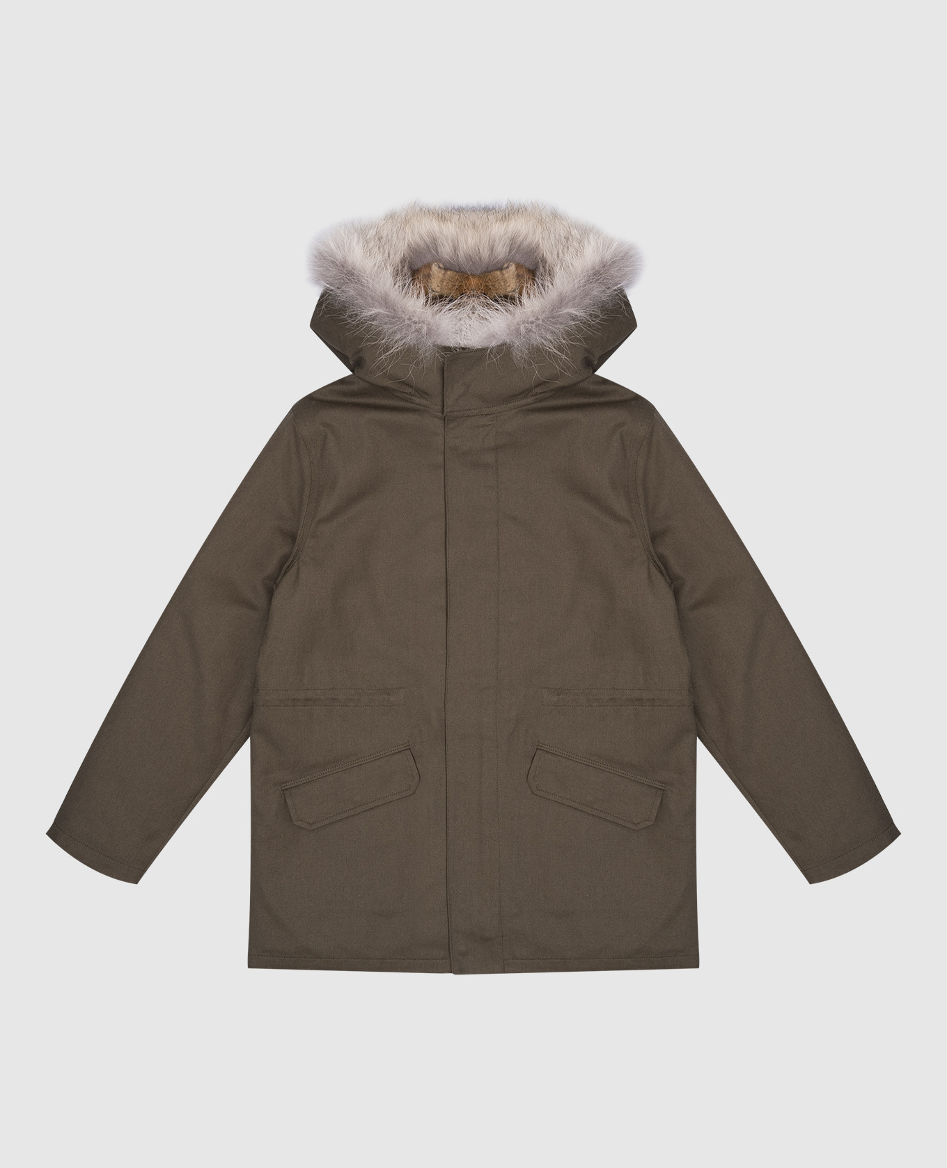 Children's green parka with coyote fur with removable fur lining yves salomon enfant