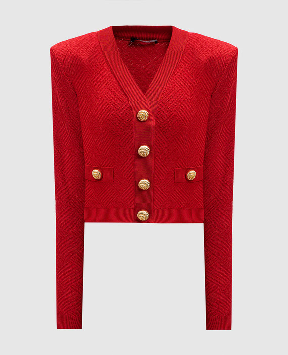 Red cardigan in a woven geometric pattern
