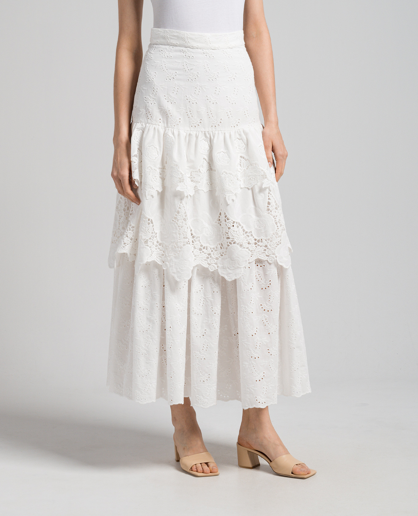 White BELLI maxi skirt in broderie embroidery with frills Max & Co 3