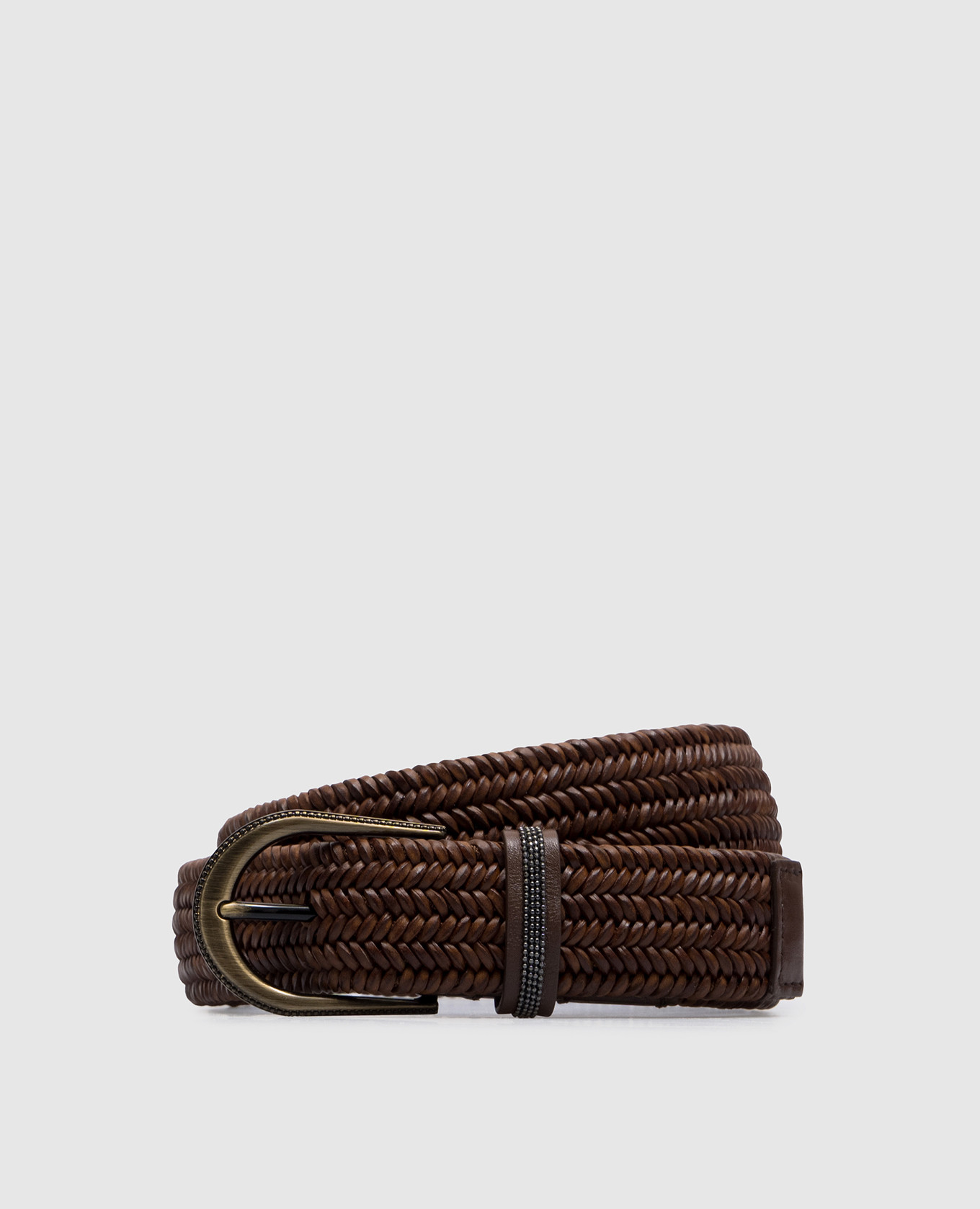 Brown leather braided belt with monil chain brunello cucinelli