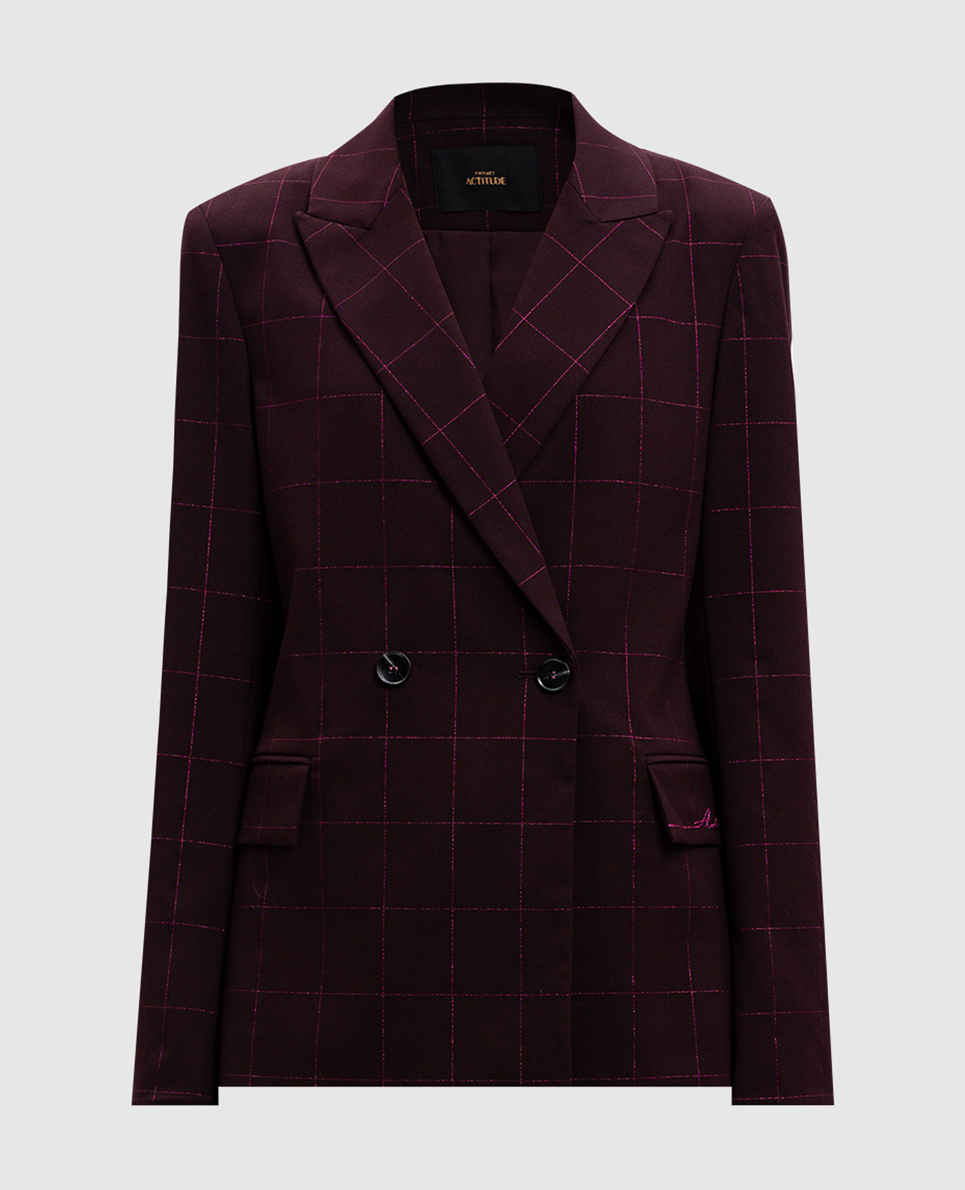 Burgundy double-breasted jacket with checked lurex twinset actitude