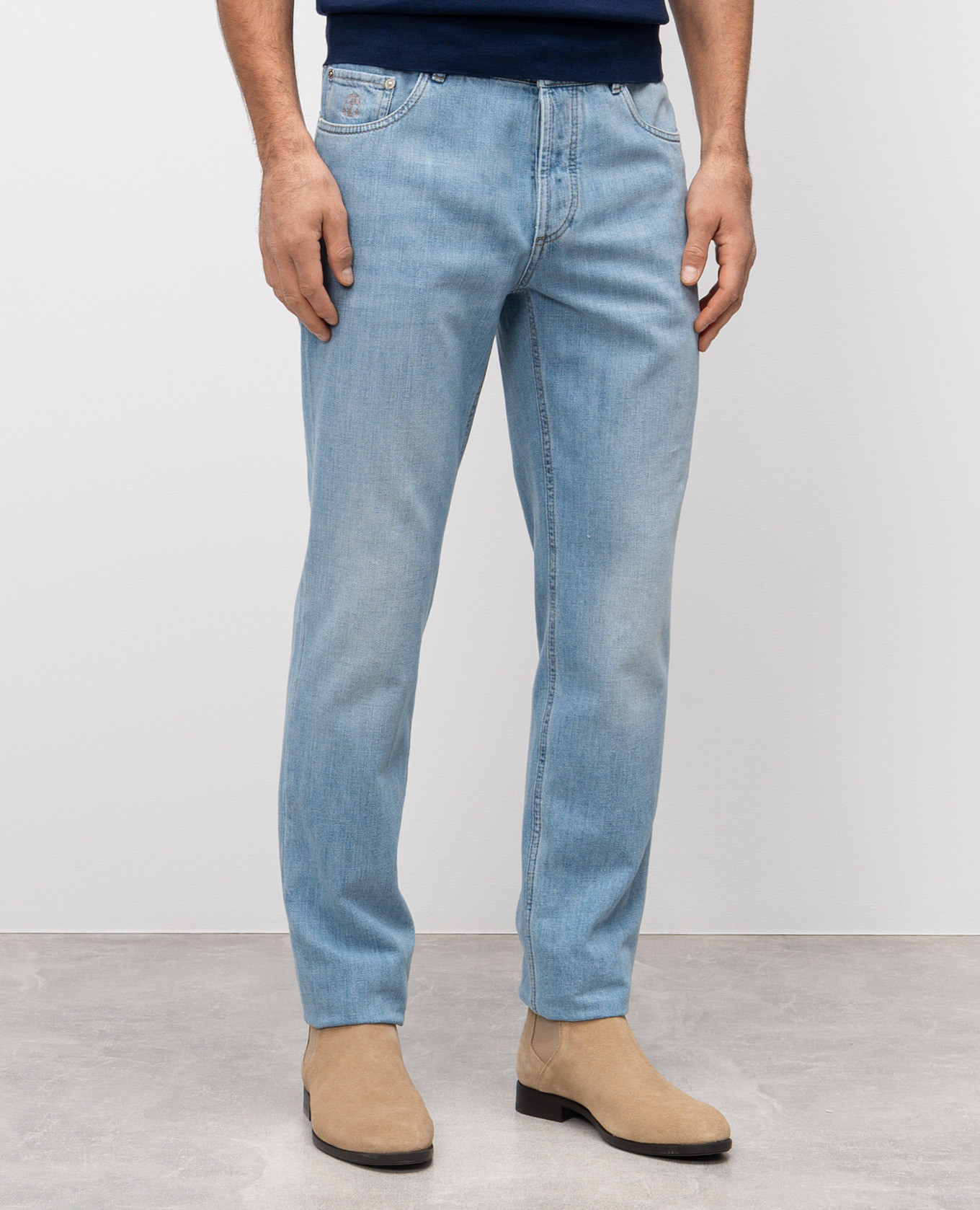 Blue jeans with leather logo patch Brunello Cucinelli 3