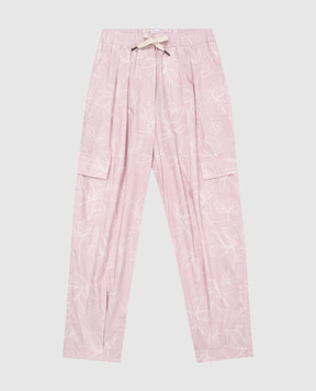 Brunello Cucinelli Children's pink floral print cargo pants with monil chain BL934P208C