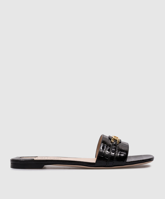 TOMFORD エンホスフラットサンタル W3526LGO052G 1B087 Tom Ford - Black leather flip flops with crocodile embossing