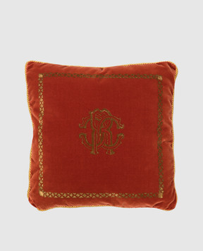 Roberto Cavalli Orange decorative pillow with monogram logo and animal print H0100000019C119