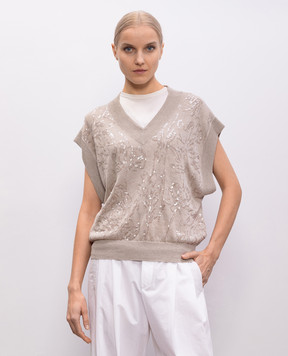 Brunello Cucinelli Beige linen vest with sequins M1T137902
