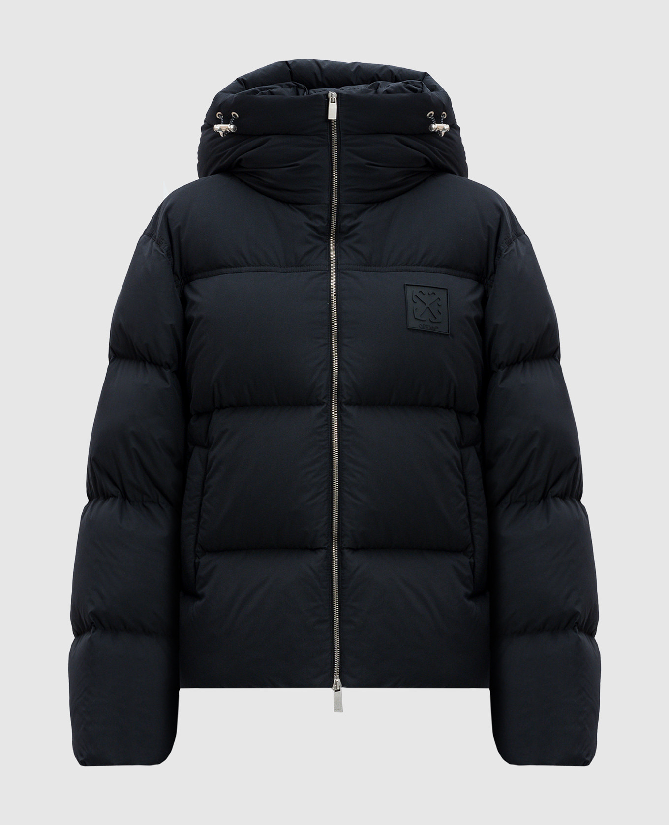 Black puffer jacket with arrow logo patch off-white