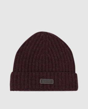Agnona Brown cashmere beanie with leather logo patch MK080201K050L