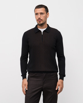Bertolo Cashmere Black wool and silk polo shirt with geometric pattern 902518002531