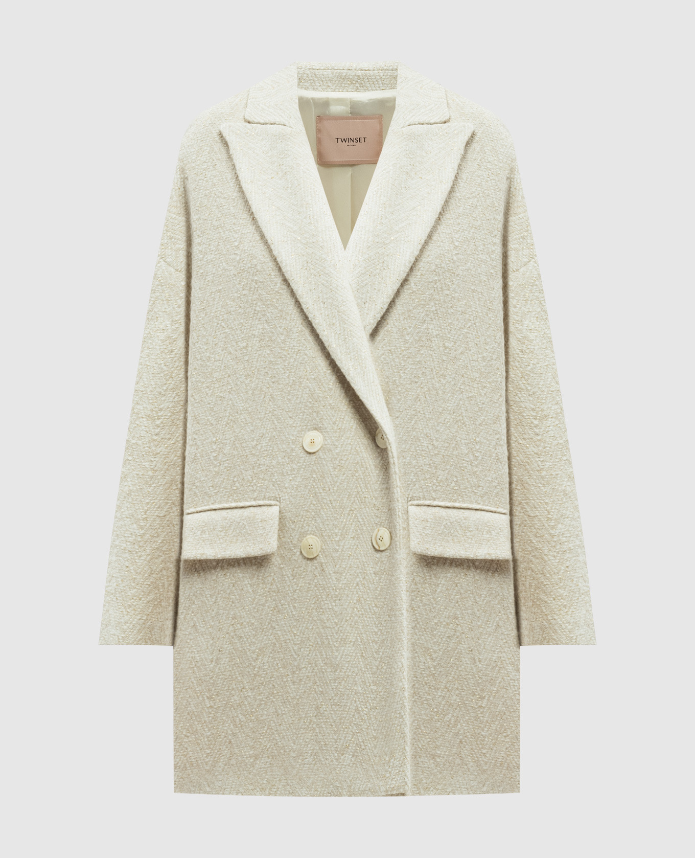 Beige double-breasted coat with wool and lurex twinset