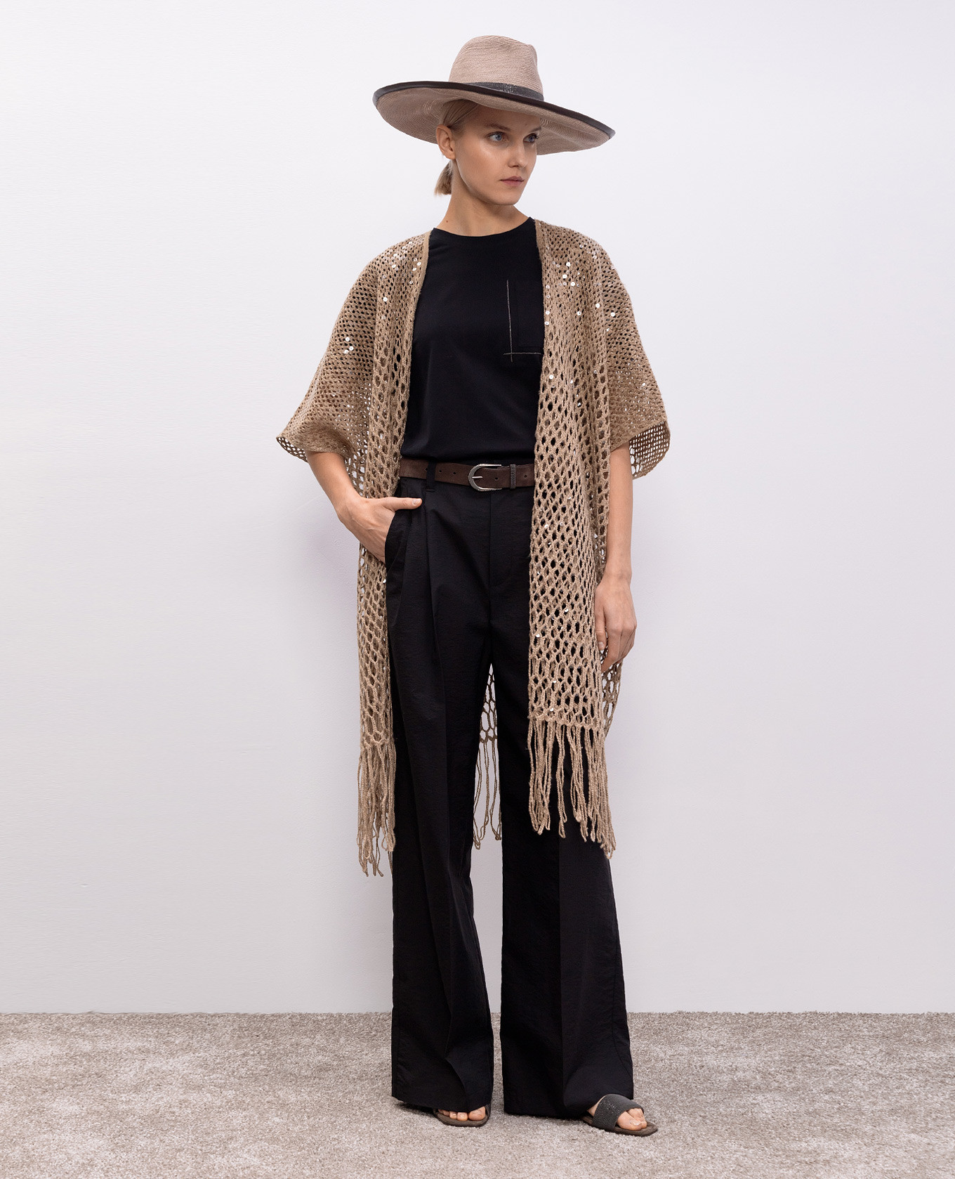 Beige openwork cardigan made of silk and linen with sequins Brunello Cucinelli 2