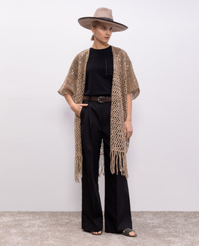 Brunello Cucinelli Beige openwork cardigan made of silk and linen with sequins MCBR02206