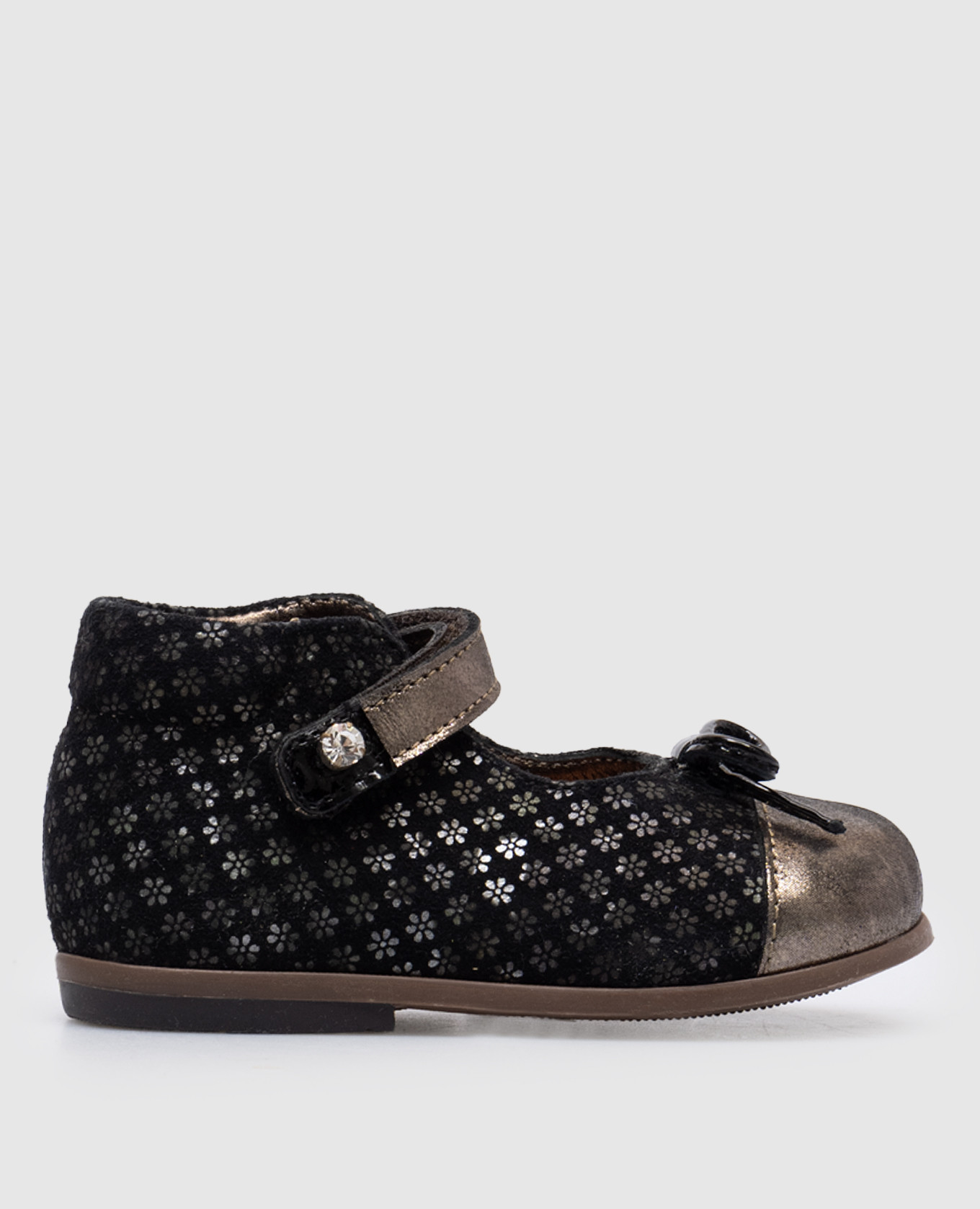 Children's black suede shoes with a floral print