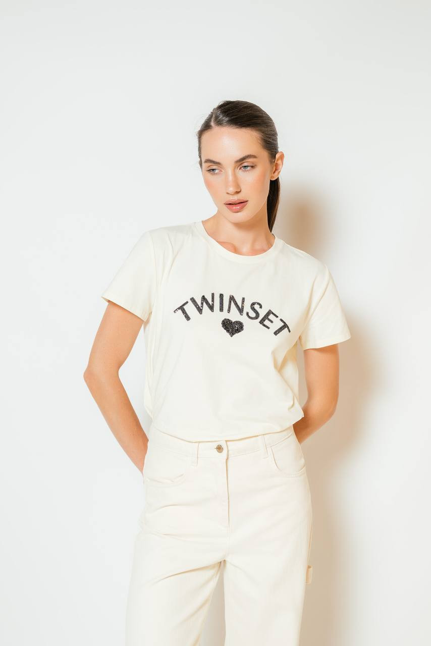 

Beige T-shirt with sequined logo embroidery Twinset