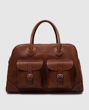 Brunello Cucinelli Borsa da viaggio in pelle marrone con logo MBZIBU428