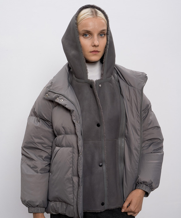 Yves Salomon Army - Gray down jacket with removable trim