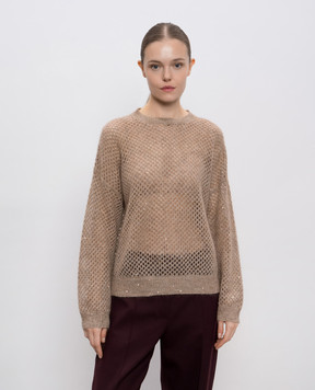 Brunello Cucinelli Beige openwork sweater with wool and sequins MPS732400