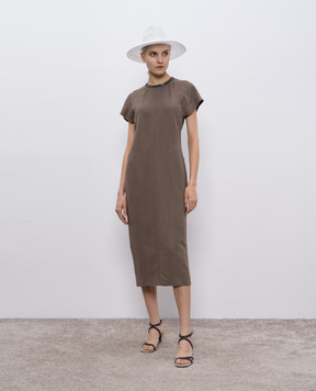Brunello Cucinelli Brown linen midi dress with monil chain MH126AHB51