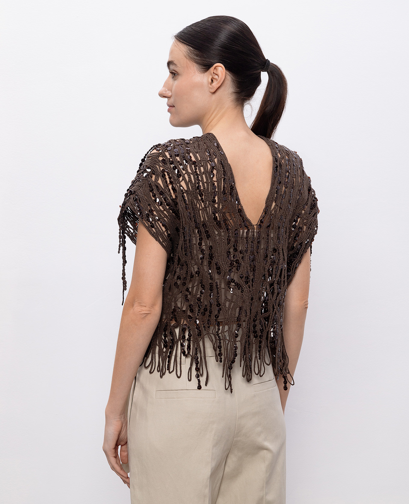 Brown openwork top with sequins Brunello Cucinelli 4