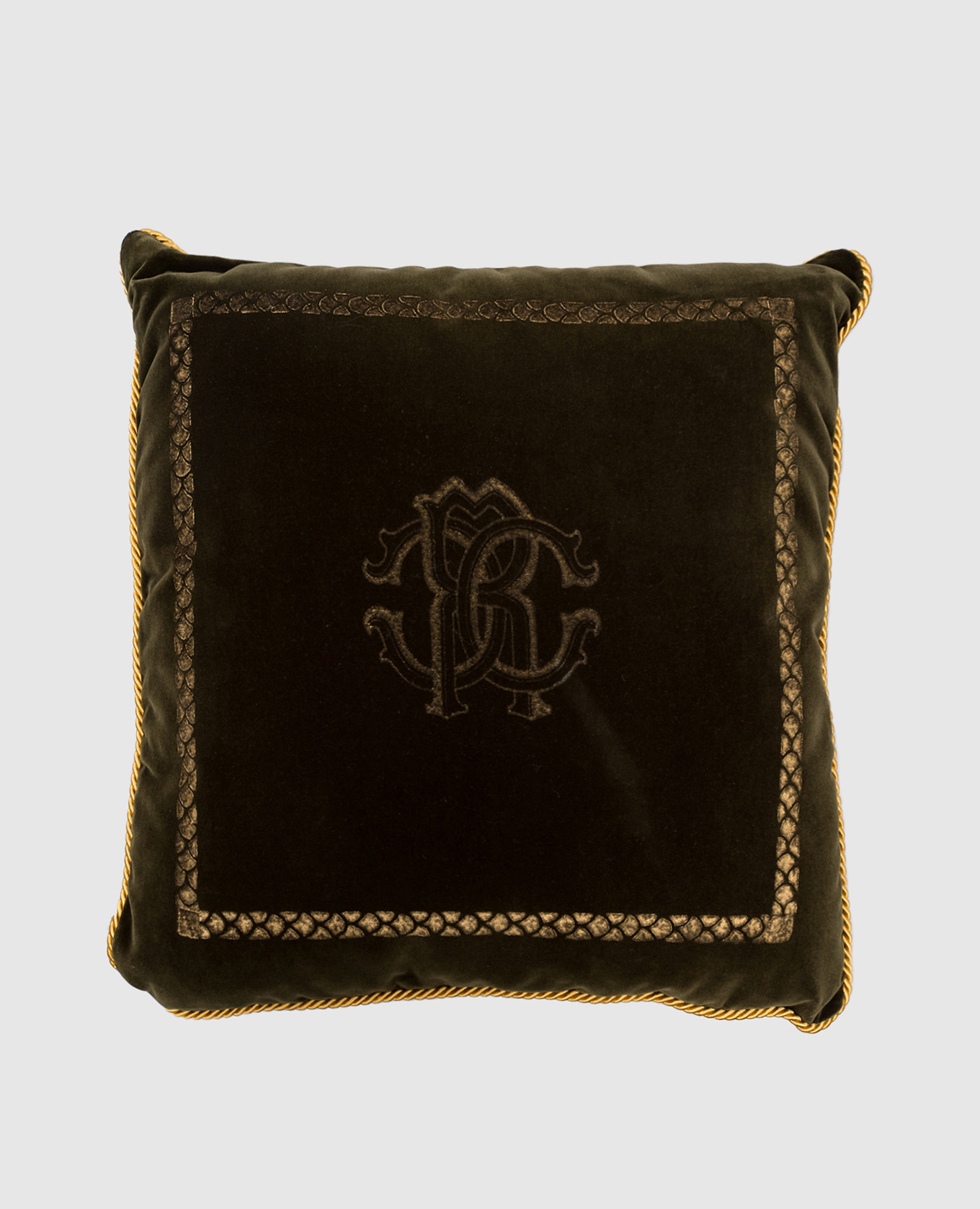 

Green decorative pillow with a monogram in an animalistic print Roberto Cavalli