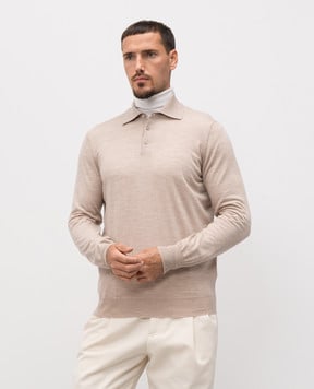 Brunello Cucinelli Beige melange wool and cashmere polo shirt M2400295