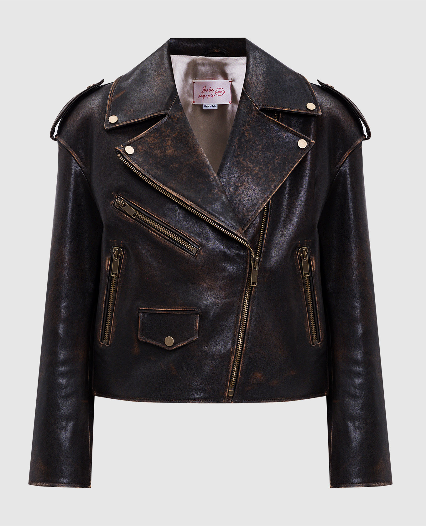 Brown leather biker jacket with a worn effect Babe Pay Pls
