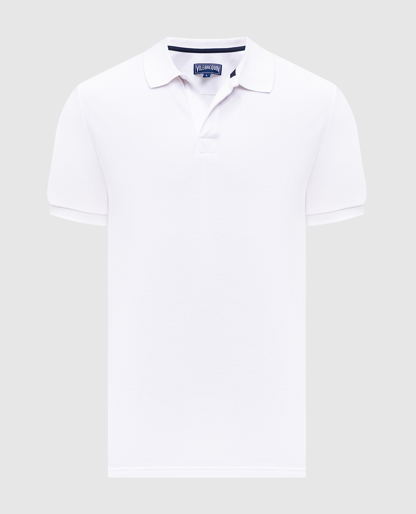 White polo with embroidered logo emblem