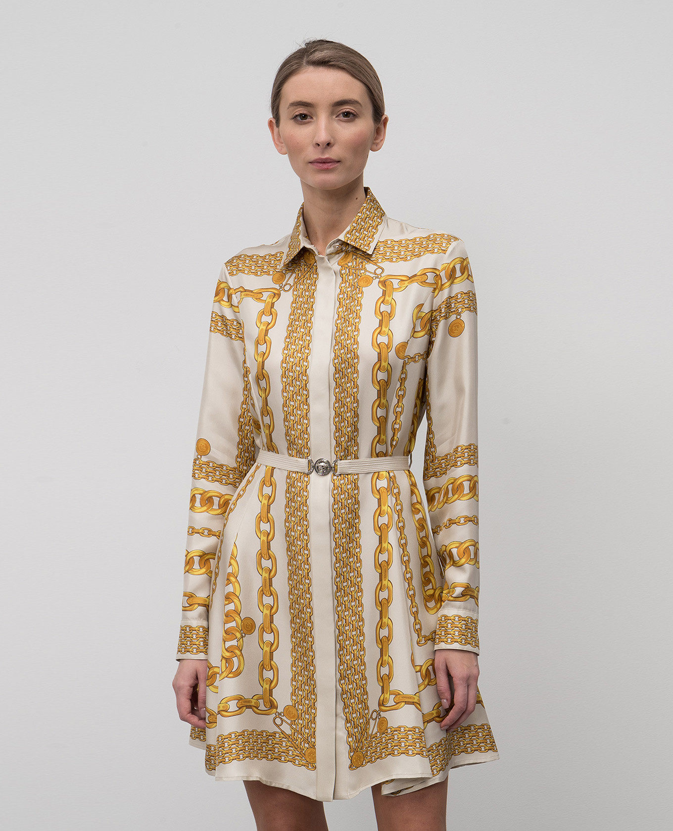 Beige printed silk shirt dress Versace 3