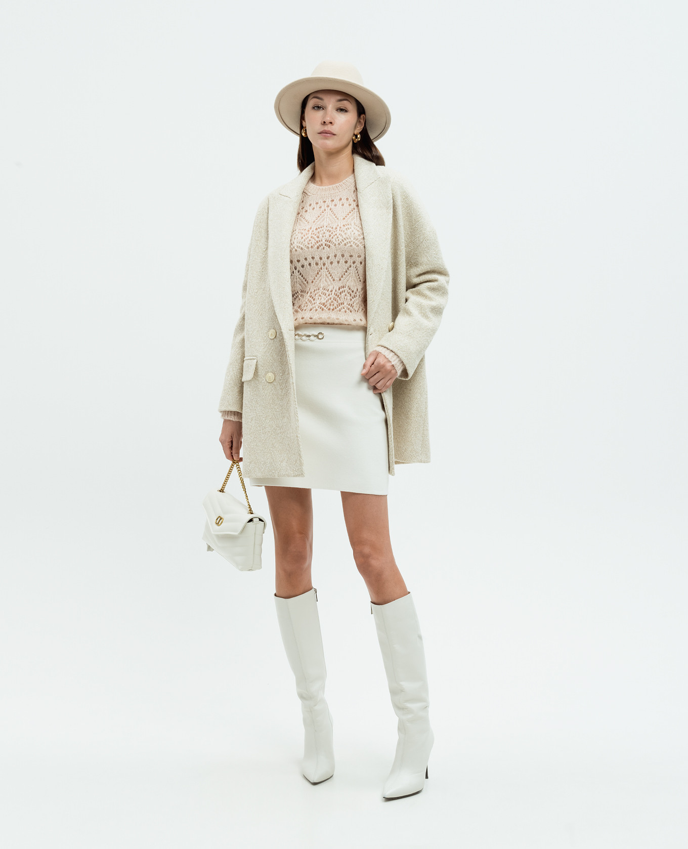 

Beige double-breasted coat with wool and lurex Twinset