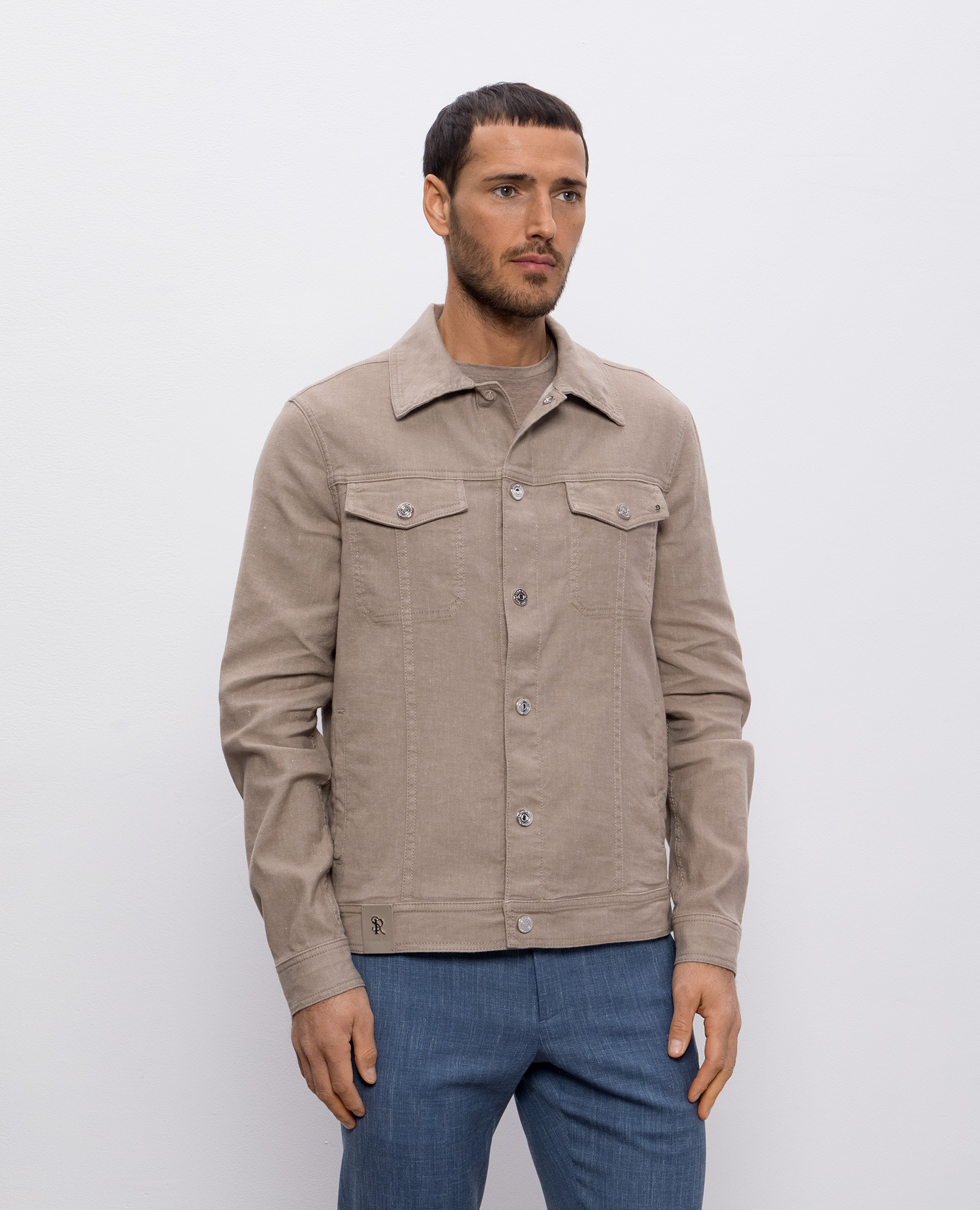

Beige linen shirt with leather logo patch Stefano Ricci