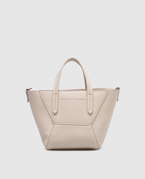 Brunello Cucinelli Borsa Duo mini in pelle beige con logo MBHED2675