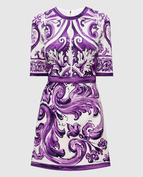 Dolce&Gabbana White linen mini dress with Majolica print F6TSUTFP9AK