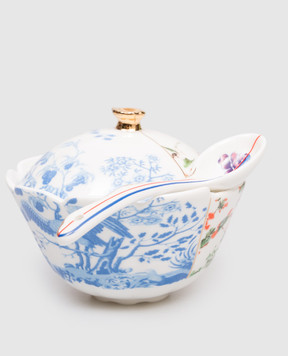SELETTI Maurilla white porcelain sugar bowl with print 09748
