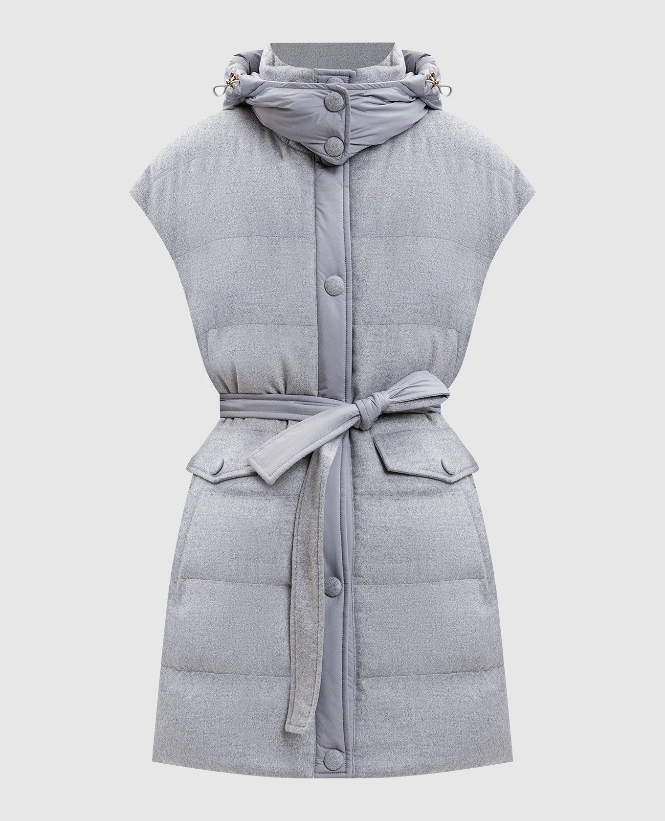 

Grey elongated down vest made of silk and wool Be Florence