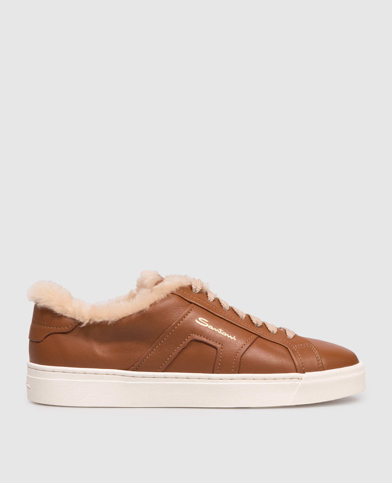 Brown leather sneakers with fur Santoni
