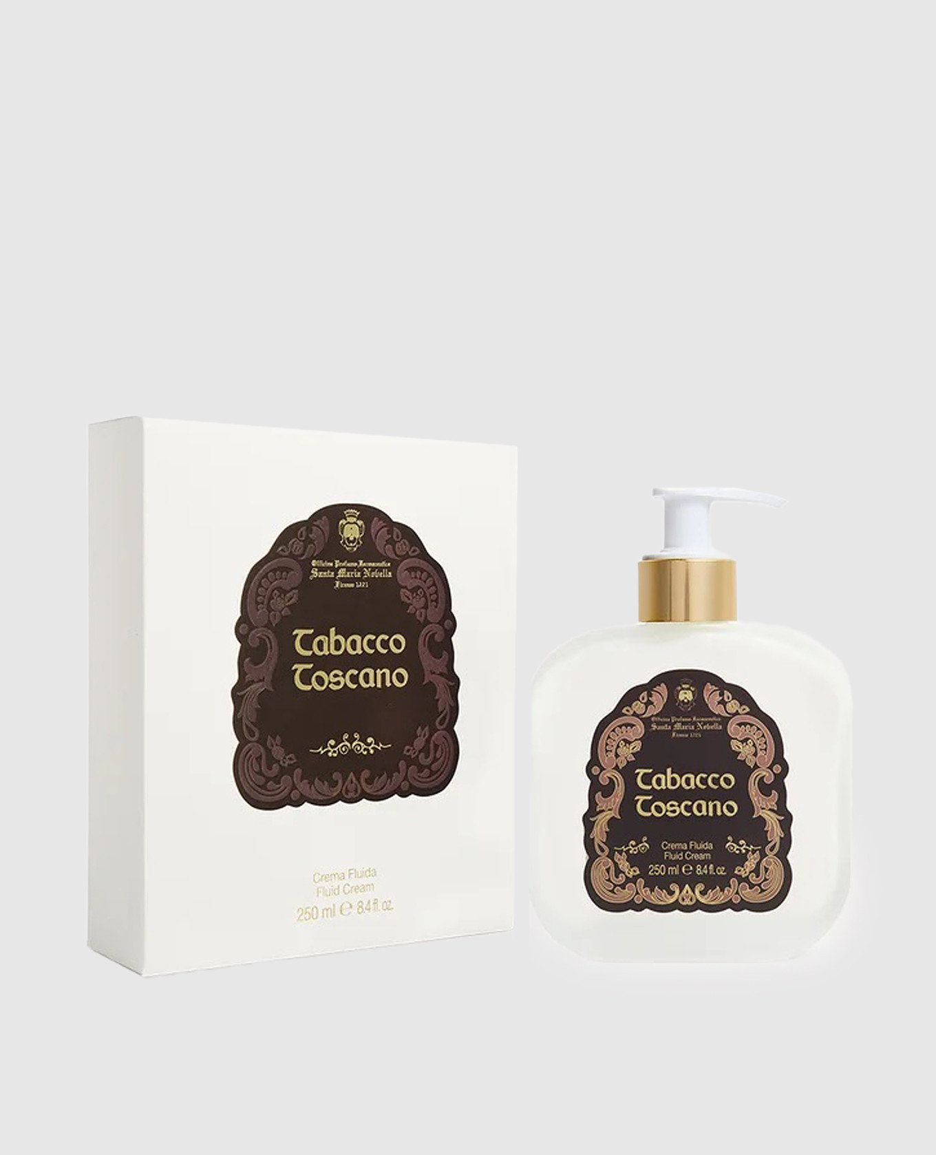 Men's body cream-fluid tabacco toscano in a glass container with a dispenser 250 ml santa maria novella