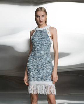 Balmain Blue tweed dress with linen CF1R3131KF88