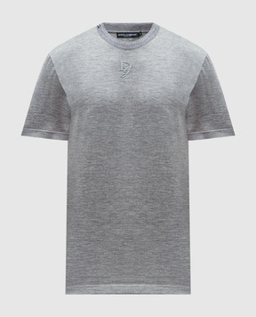 Dolce&Gabbana Gray melange cashmere t-shirt with monogram logo embroidery G8RN8ZFU76Z