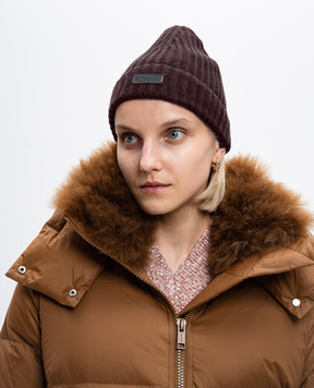 Agnona Brown cashmere beanie with leather logo patch MK080201K050L