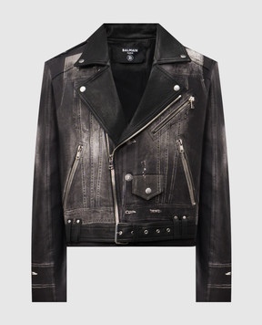 Balmain Black leather biker jacket with print EH1TD507LD79