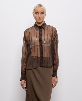 Brunello Cucinelli Brown silk blouse with sequin stripes MP940RI506