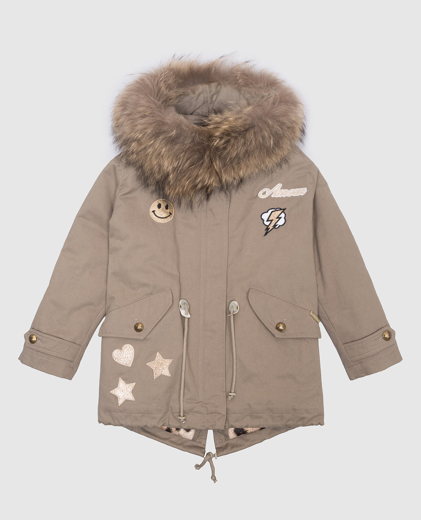 Children's khaki fox fur parka with branded patches