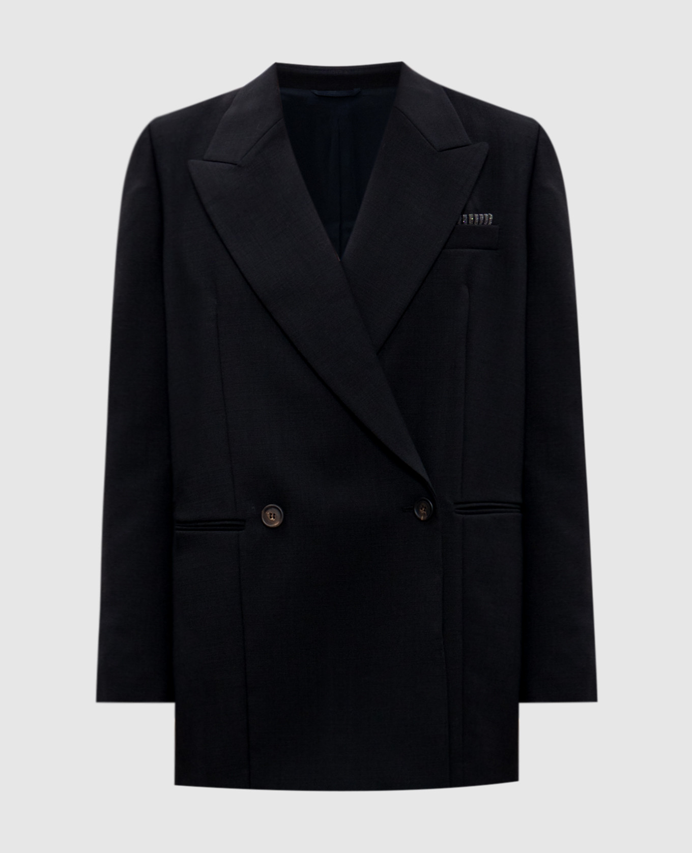 Black double-breasted wool jacket with monil chain brunello cucinelli